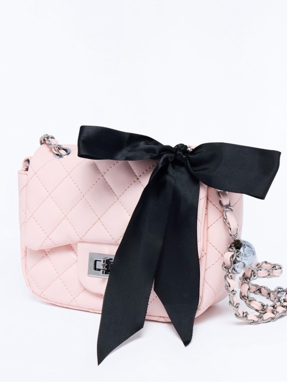 Quilted Pink & White Chain Shoulder Bag with Black Bow
